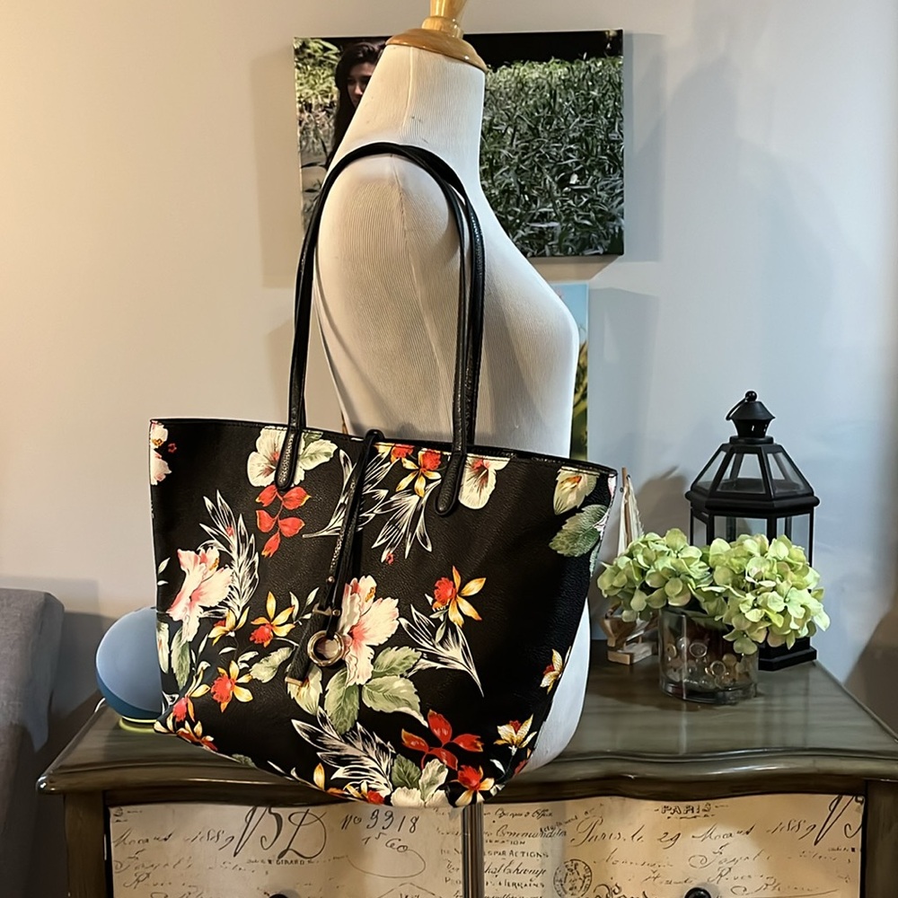 NEW DIRECTIONS FLORAL FAUX LEATHER TOTE BAG BLACK MULTI